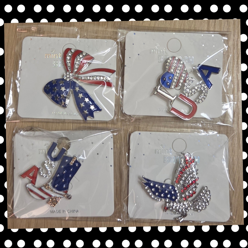 Set Of 4 Mint Patriotic Red, Blue, and Silver Brooch Set